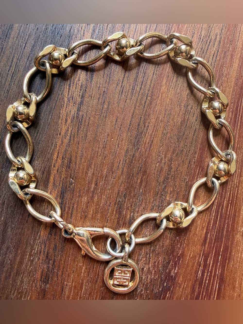 VTG Givenchy Gold-Tone Link Bracelet with Round Logo Charm Designer Couture